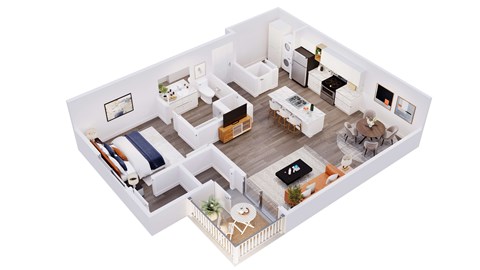 A 3D floor plan of a house with a living room, kitchen, dining room, and bedrooms.